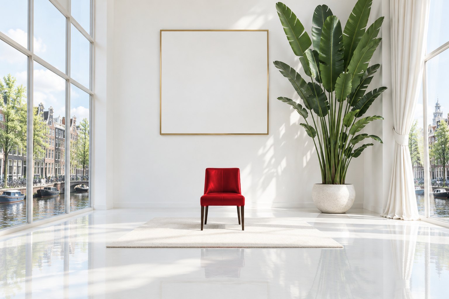 A vast, bright white room: a framed sign reading The Rejection Room high on the wall, one red leather interview chair centred below it, a tall leafy bird-of-paradise plant, a white curtain tied back in one corner, and tall windows on both sides looking onto an Amsterdam canal
